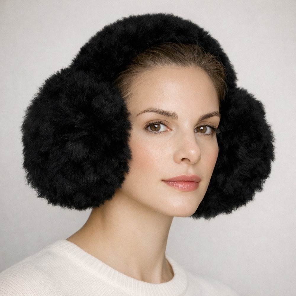 Peruvian Alpaca Fur Earmuffs Women Winter‎ Ear Warmers Soft Plush Black Handmade